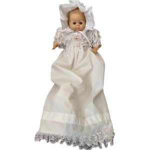 VTG 60s Vinyl/Soft Body Skippy Doll Corp 14” Doll W/ Bryan Lace Dress & Bonnet